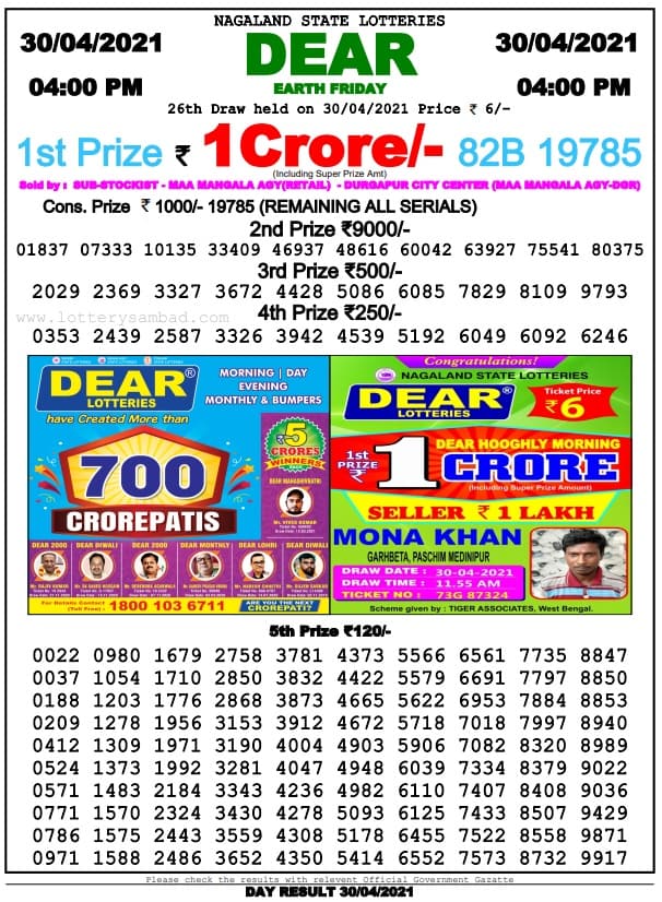 Dear lottery sambad today 4pm 30.4.2021 Result Live