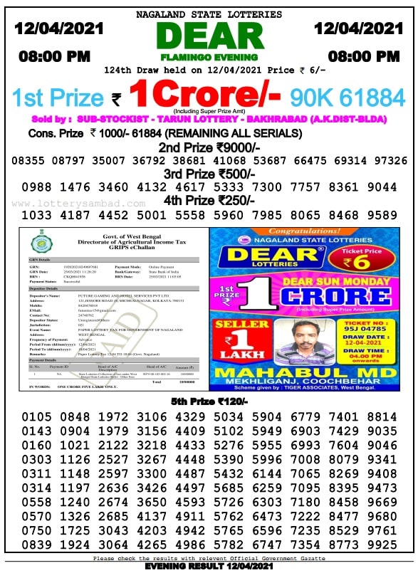 Nagaland State Lottery Result Today 12-4-2021 Live 8 PM