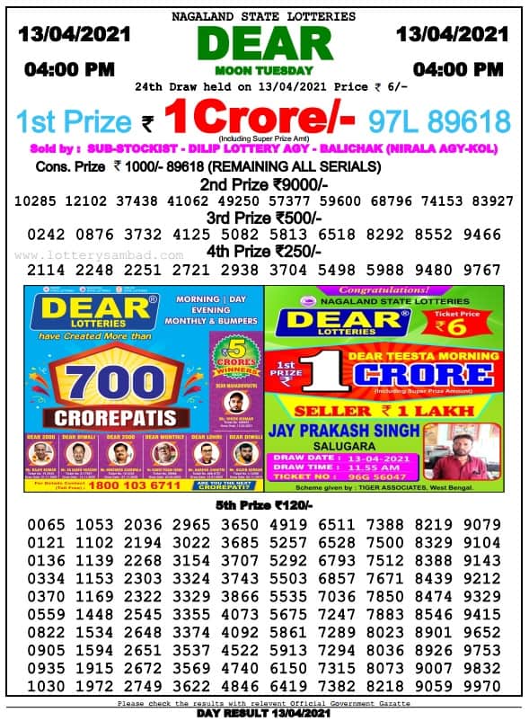 Nagaland State Lottery Result Today 4 PM 13 4 2021 Live
