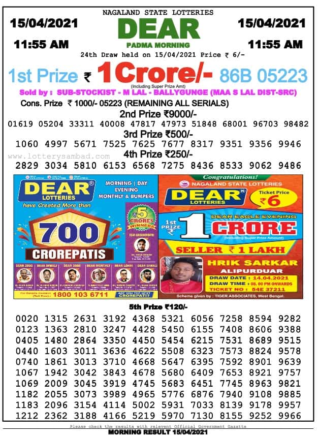 Sikkim State Lottery Result Today 15 4 2021 Live 11-55 AM