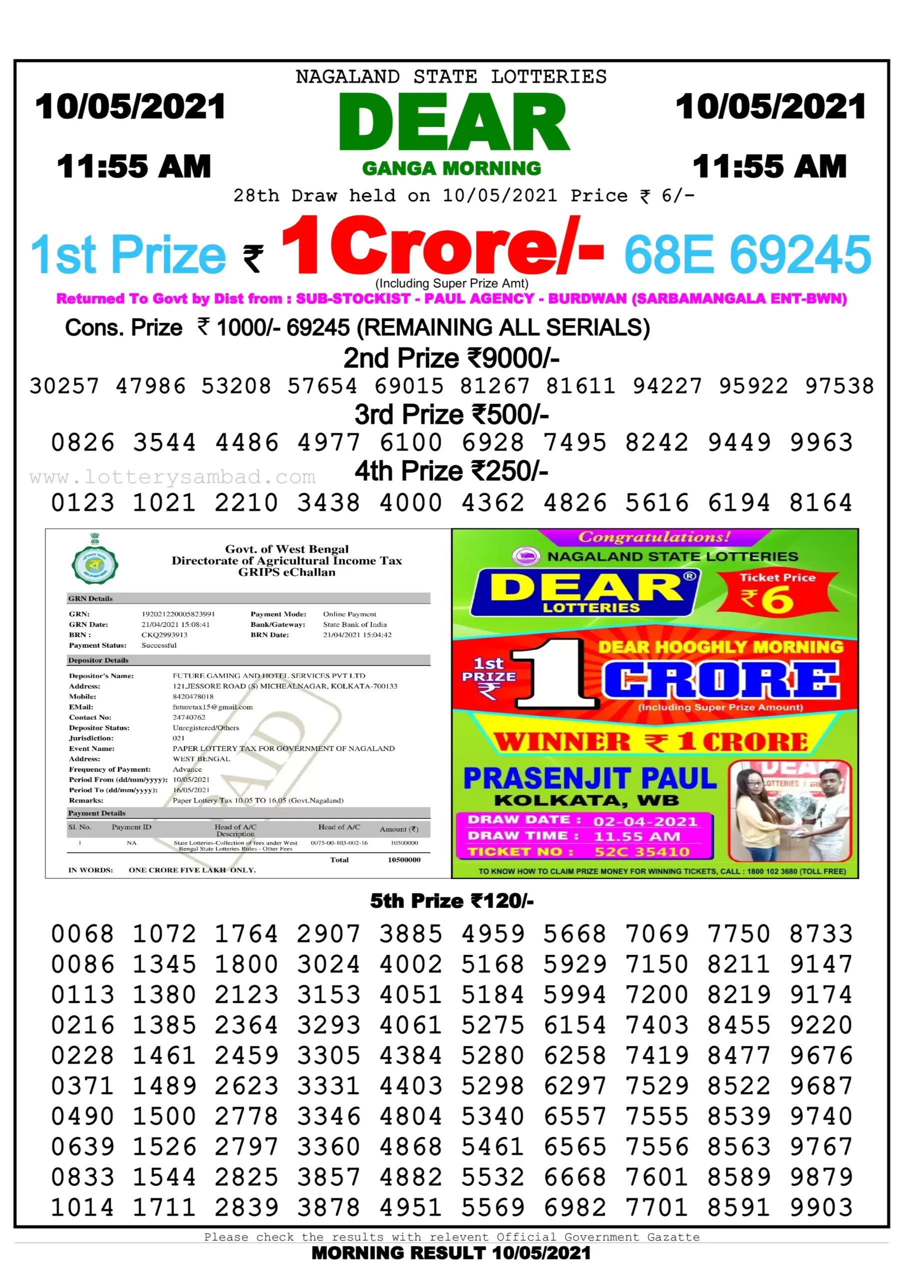 Dear Lottery Result Today 11.55 AM 10.5.2021