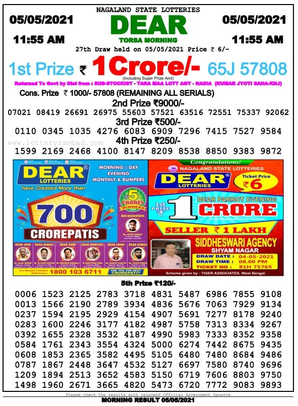 Dear Lottery Result Today 11.55 AM 5.5.2021