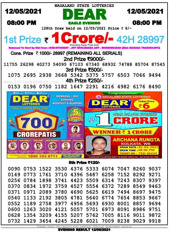 Dear Lottery Result Today 8pm 12.5.2021