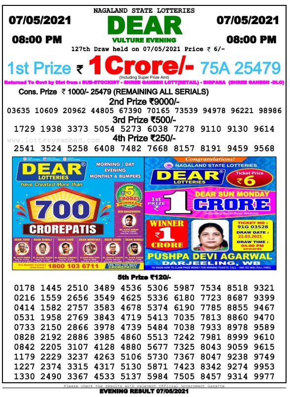 Lottery Sambad Night 8 PM Result 7.5.2021