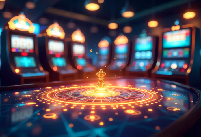 Modern kaszinó belső tér, előtérben világító rulettasztal, háttérben nyerőgépek sorakoznak